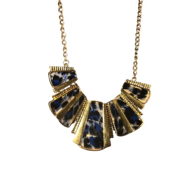 Bohemian Bib Necklace & Earrings Set Gold Chain Blue Printed Resin Alloy - Picture 3 of 6